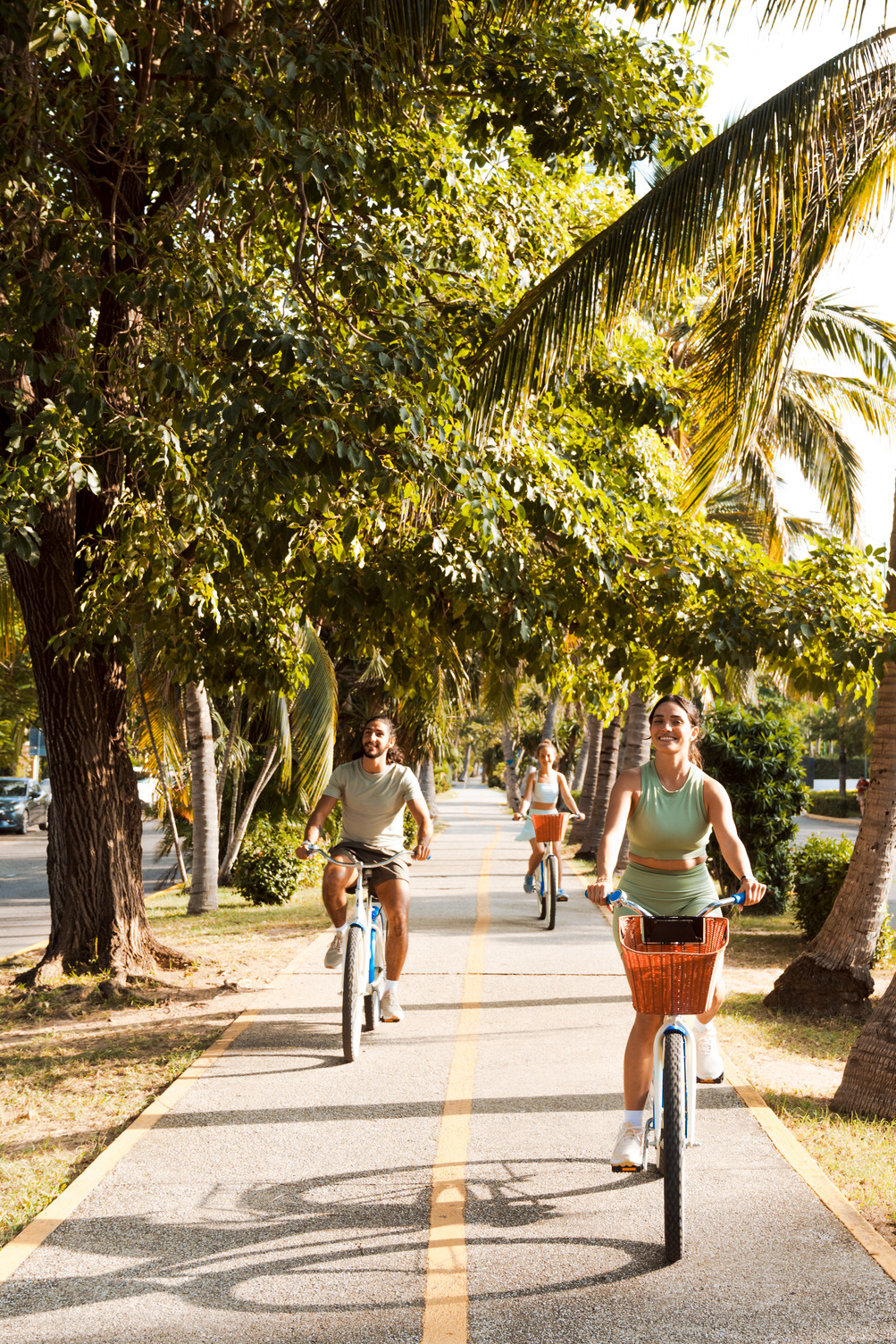 Three people biking on a sunny, tree-lined path with palm trees in Vallarta.