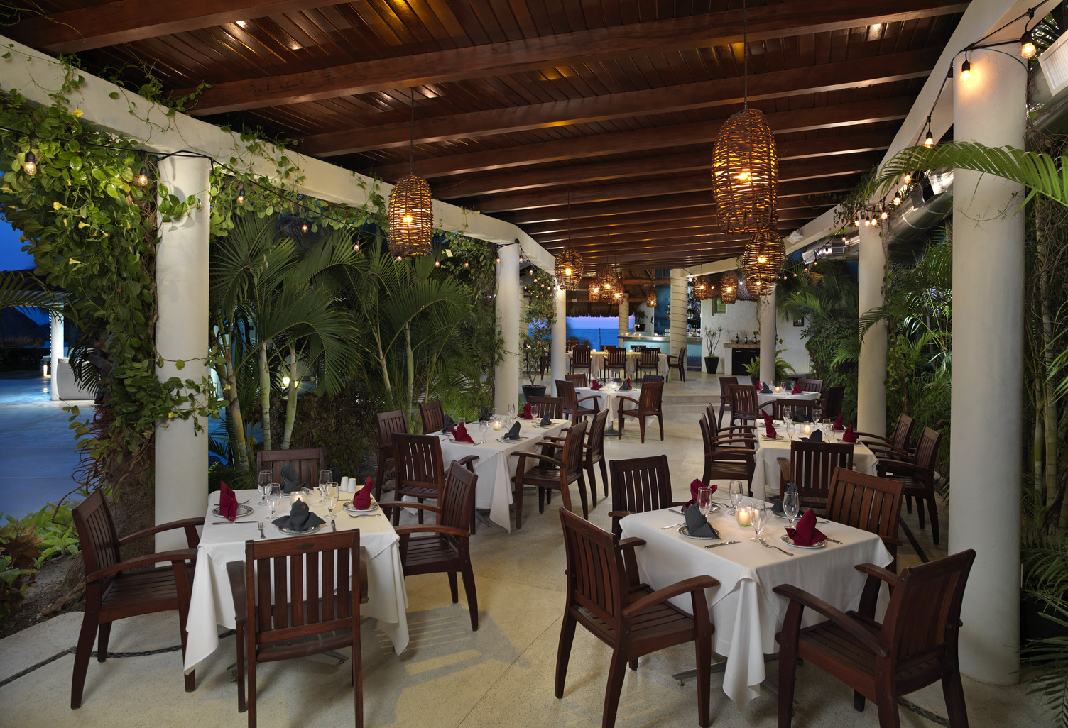 Restaurante al aire libre con sillas y mesas de madera con manteles blancos, rodeado de plantas exuberantes y luces colgantes