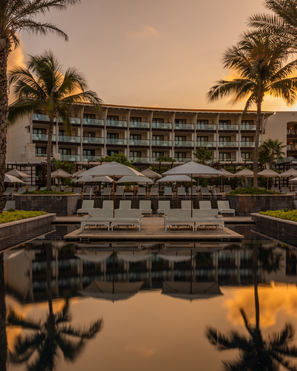 Área de la alberca del resort al atardecer con camastros, sombrillas, palmeras y un edificio de hotel de varios pisos al fond